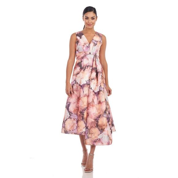 Kay Unger Dresses & Skirts - Kay Unger Lani Midi Dress Women's 0 Pink Floral A-Line Sleeveless NWT